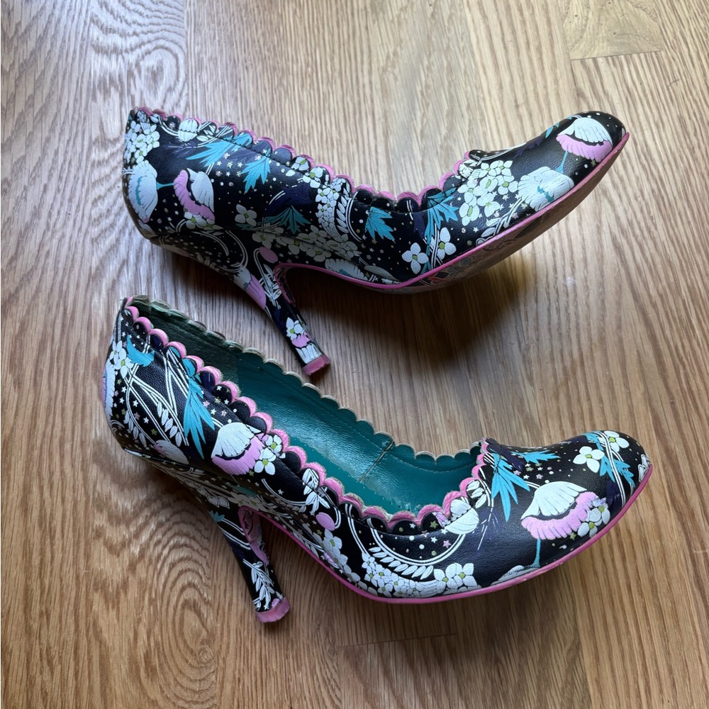 Irregular Choice Black Heels with Pink and White Floral Design - Picture 2 of 11